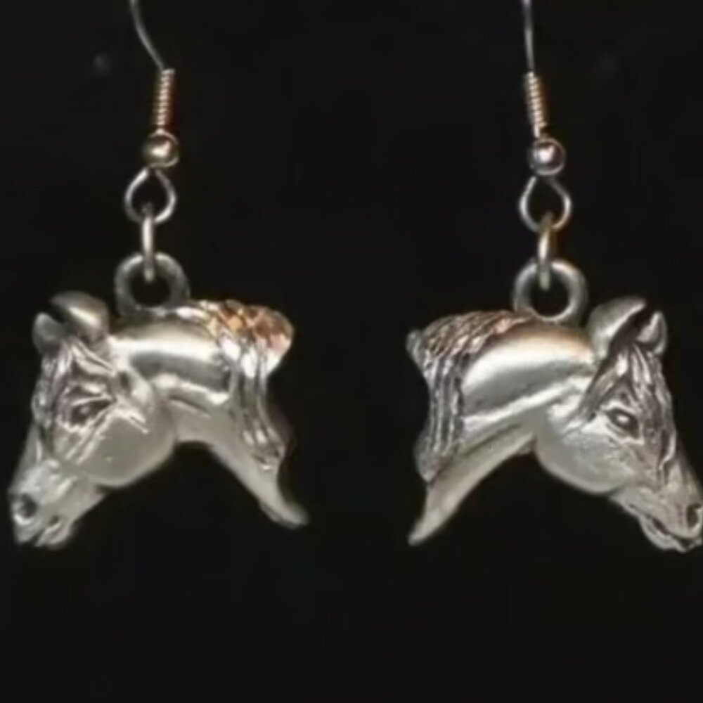 Vintage 1995 Signed EJC Pewter Horse Head Equestrian Earrings, American Made